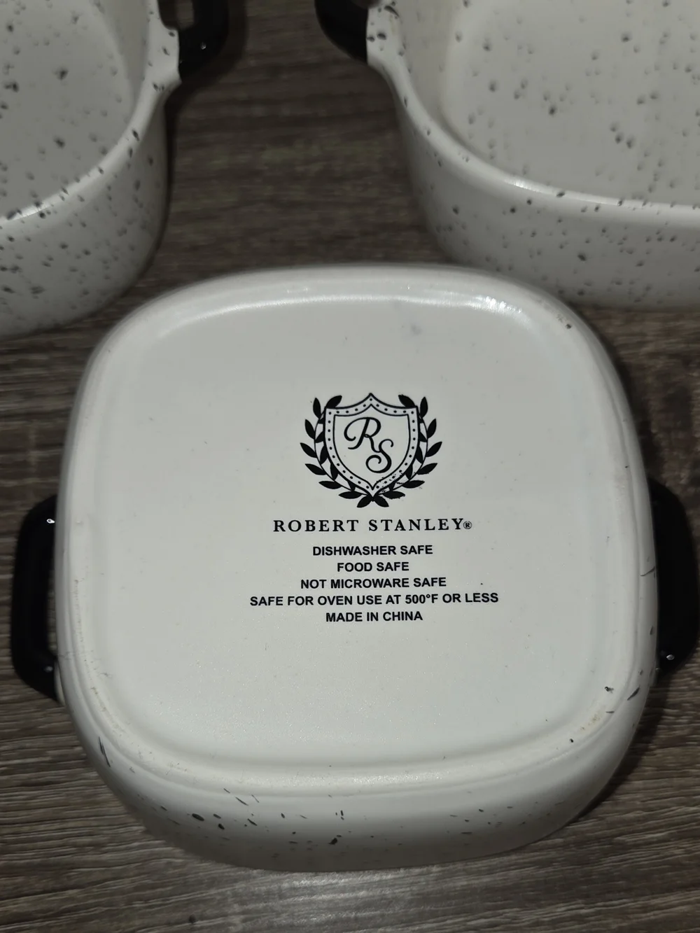 Lot of 3 Robert Stanley Oven Safe Ramekins Speckled White Black Square Dish.